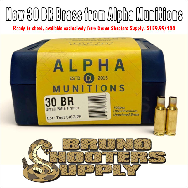 alpha munitions 30BR .30 BR cartridge brass exclusive new Bruno Shooters Supply source benchrest score