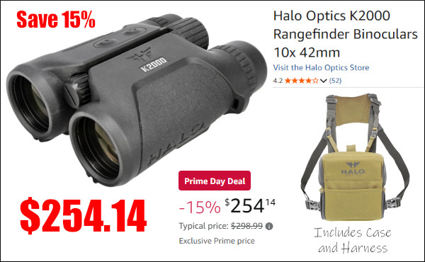 amazon prime day sale bargain 15% off halo k2000 rangefinder binoculars hunting
