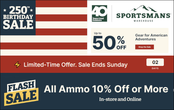 sportsman's warehouse 10% off ammo July 4th 250 years discount code sale hazmat