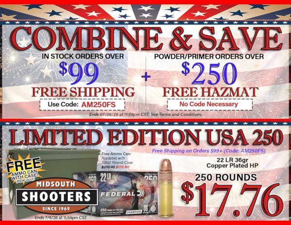 midsouth July 4th 250 years discount code free shipping ammo sale hazmat