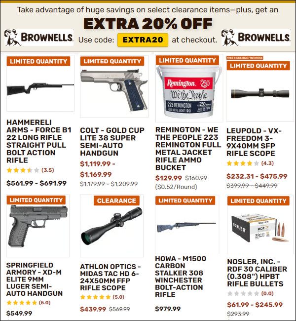 brownells clearance august sale 20% off extra20 guns ammo optics sale