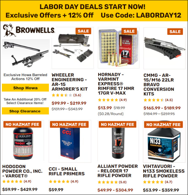 brownells clearance labor day sale 12% off guns ammo optics sale
