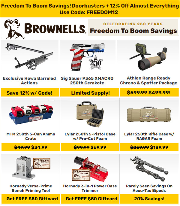 brownells freedom boom 250th sale discount code 12% FREEDOM12