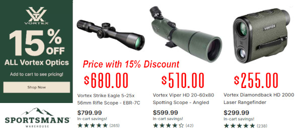 sportsmans warehouse Vortex optics 15% off scope spotter rangefinder sale