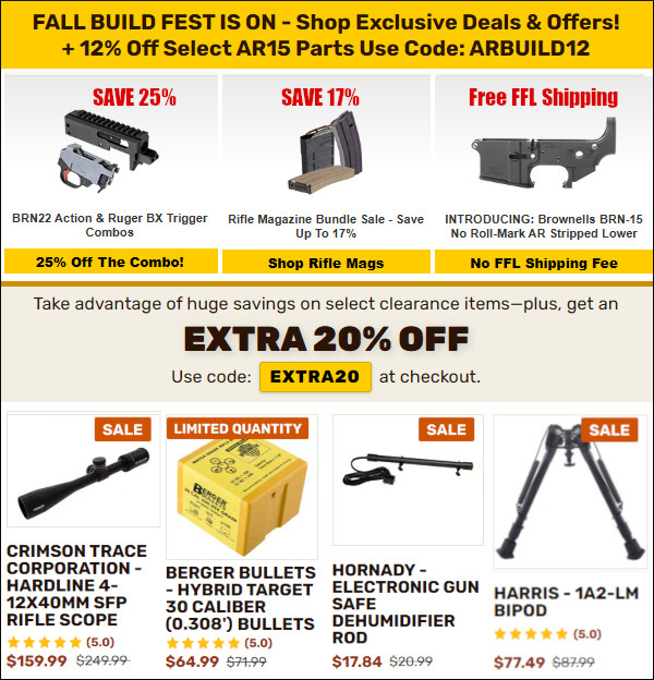 brownells clearance labor day sale 12% off guns ammo optics sale