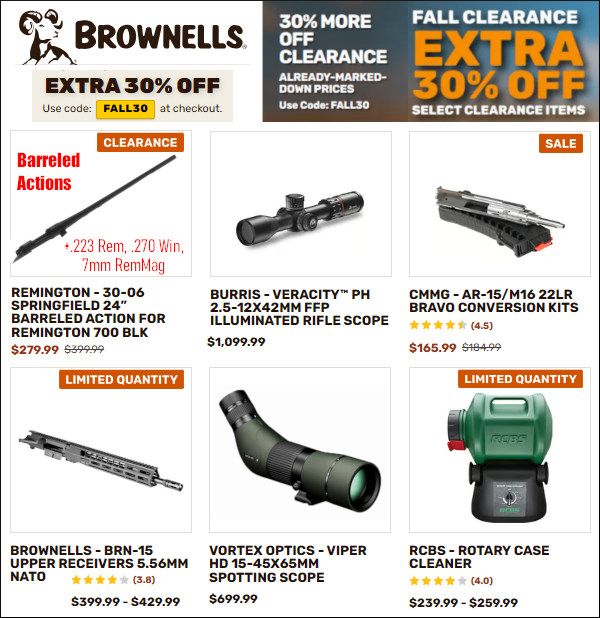 brownells october clearance sale code fall30 30% guns ammo optics sale